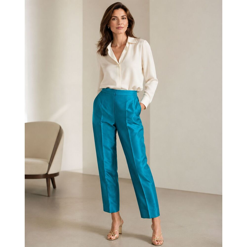 Vintage Josephine Chaus Teal 100% Silk Tapered Pants Size 12 Side Zip